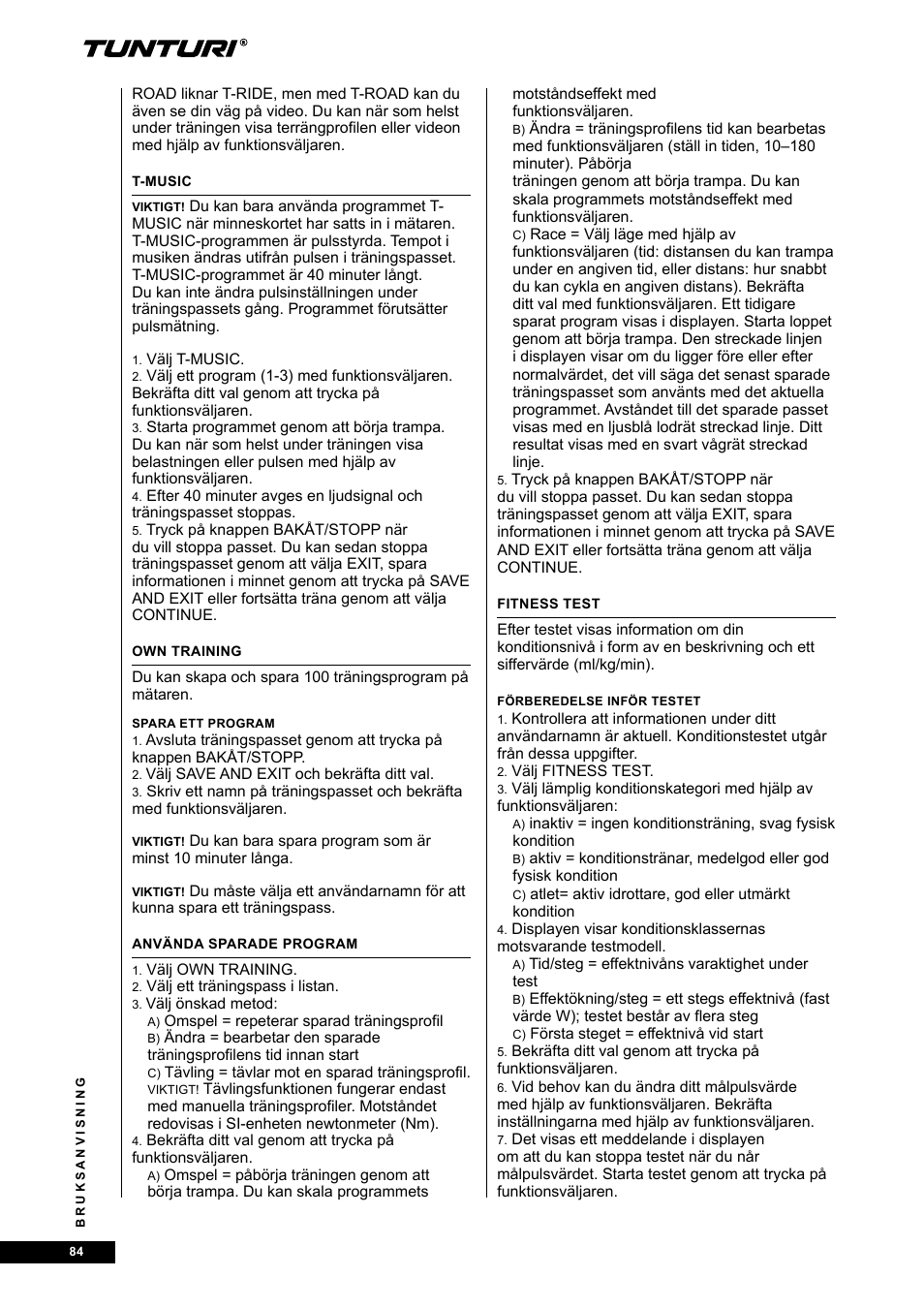 Tunturi E80R User Manual | Page 84 / 112