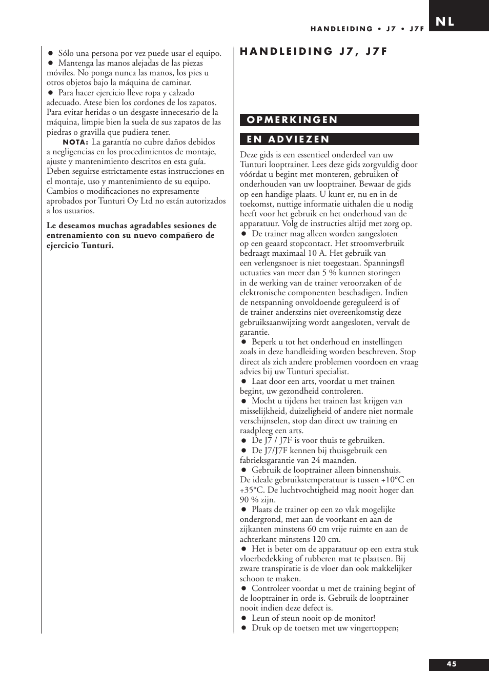 Tunturi J7F User Manual | Page 45 / 72
