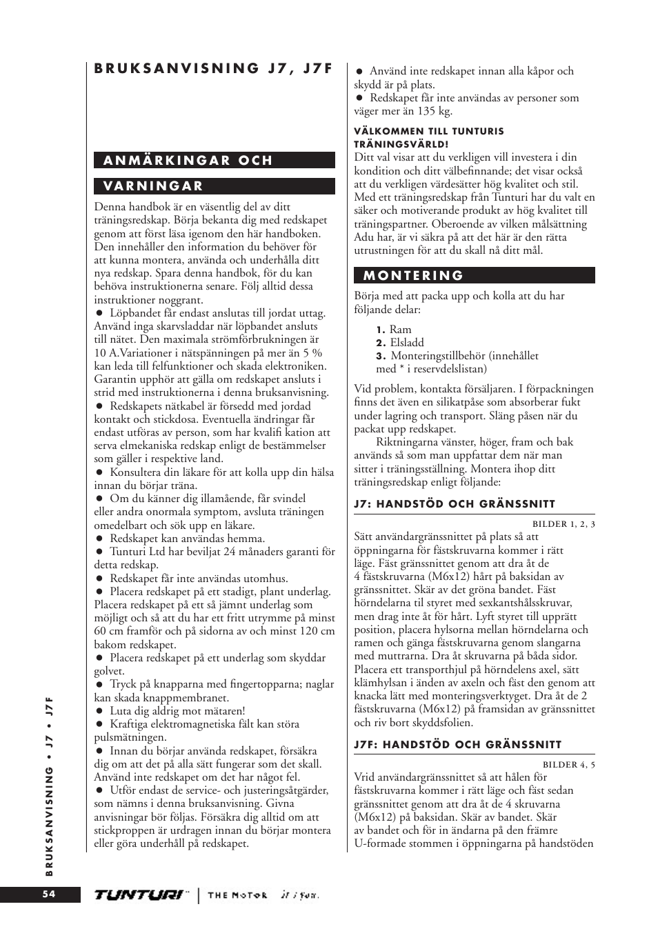 Tunturi J7F User Manual | Page 54 / 72