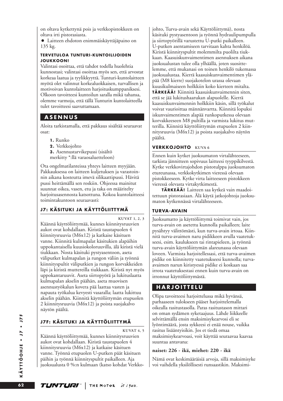 Tunturi J7F User Manual | Page 62 / 72