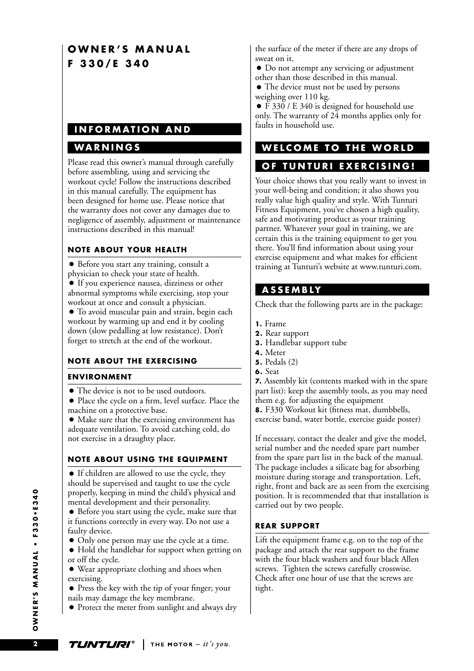 Tunturi E340 User Manual | Page 2 / 9