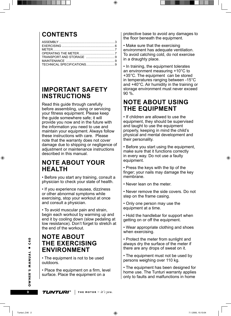 Tunturi C40 User Manual | Page 2 / 70