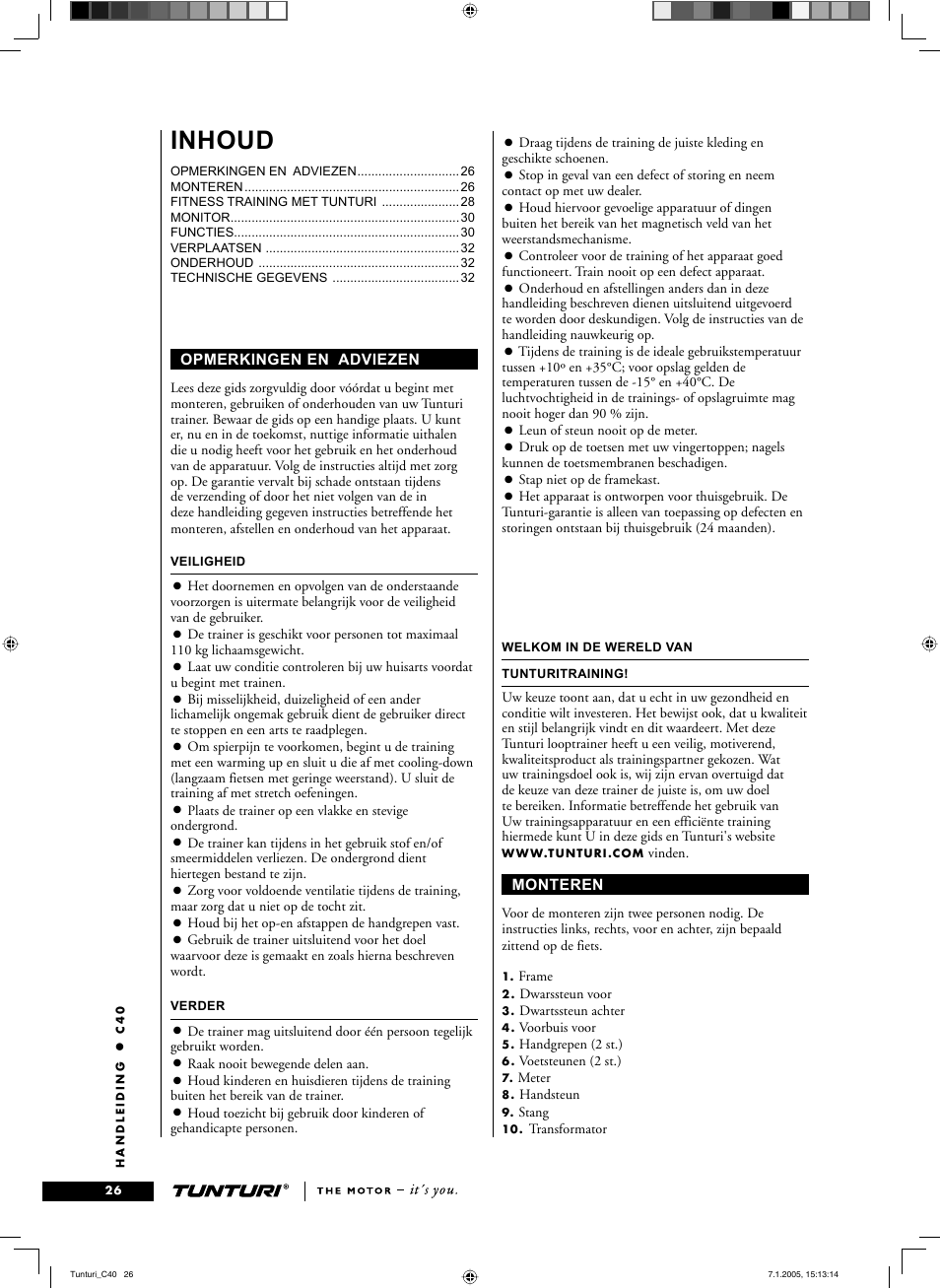 Inhoud | Tunturi C40 User Manual | Page 26 / 70