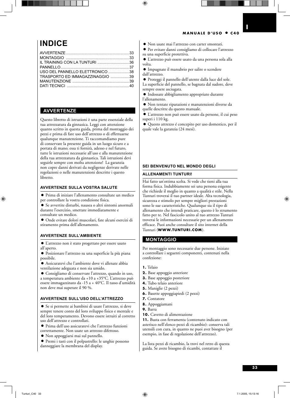 Indice | Tunturi C40 User Manual | Page 33 / 70