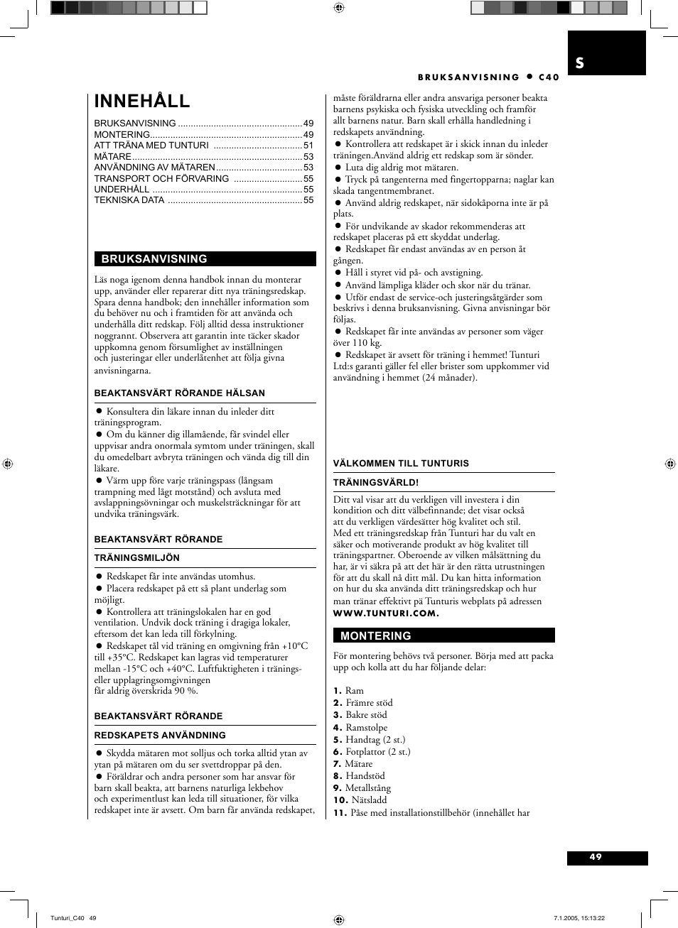 Innehåll | Tunturi C40 User Manual | Page 49 / 70