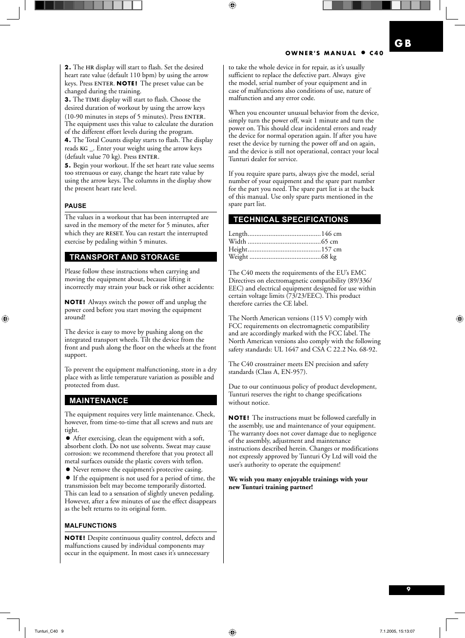 Tunturi C40 User Manual | Page 9 / 70