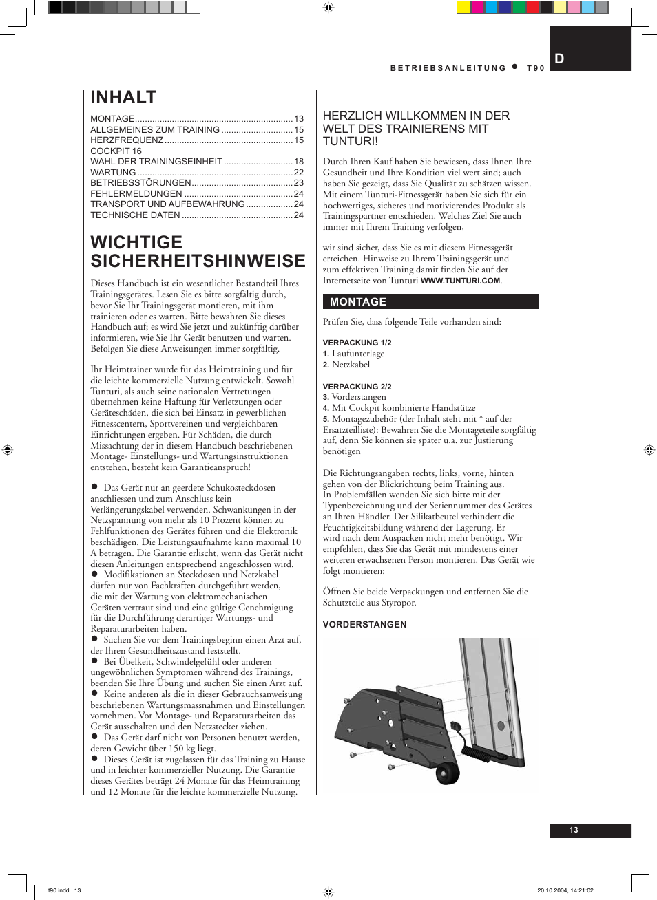 Wichtige sicherheitshinweise, Inhalt | Tunturi T90 User Manual | Page 13 / 98