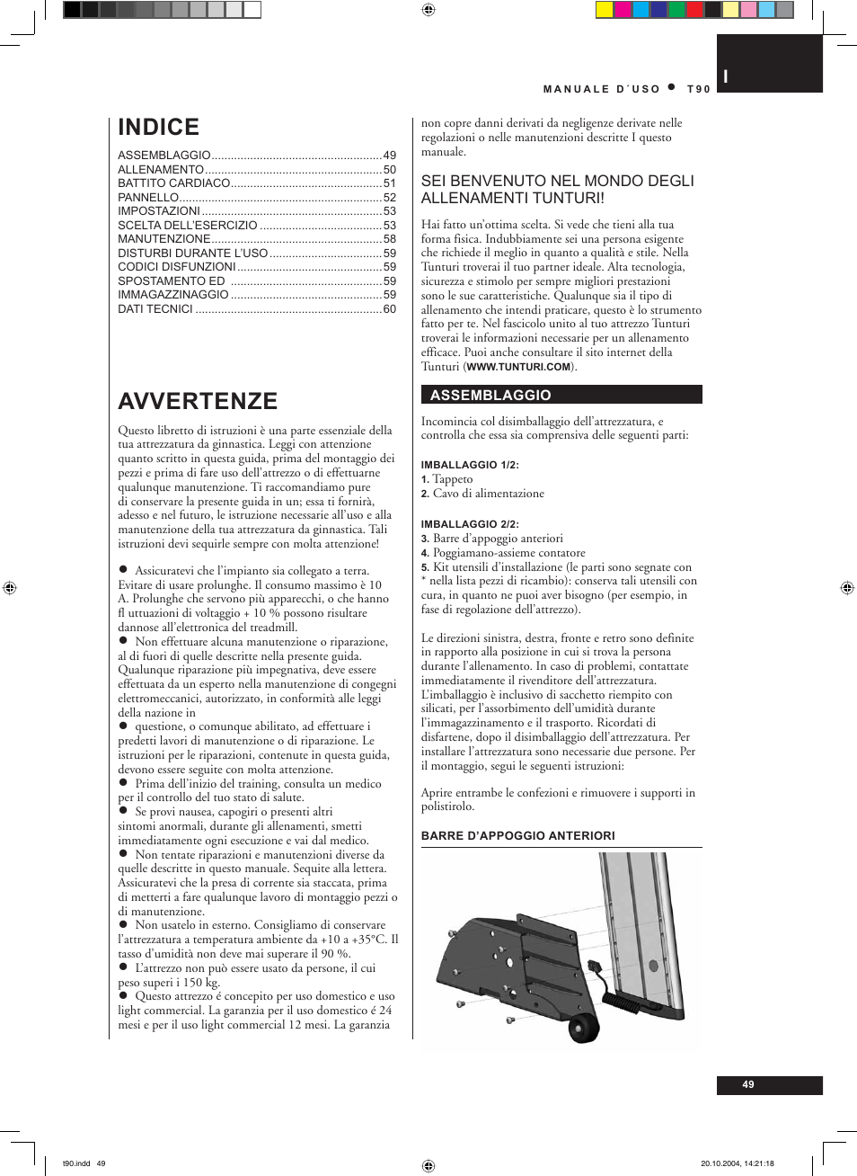 Avvertenze, Indice | Tunturi T90 User Manual | Page 49 / 98