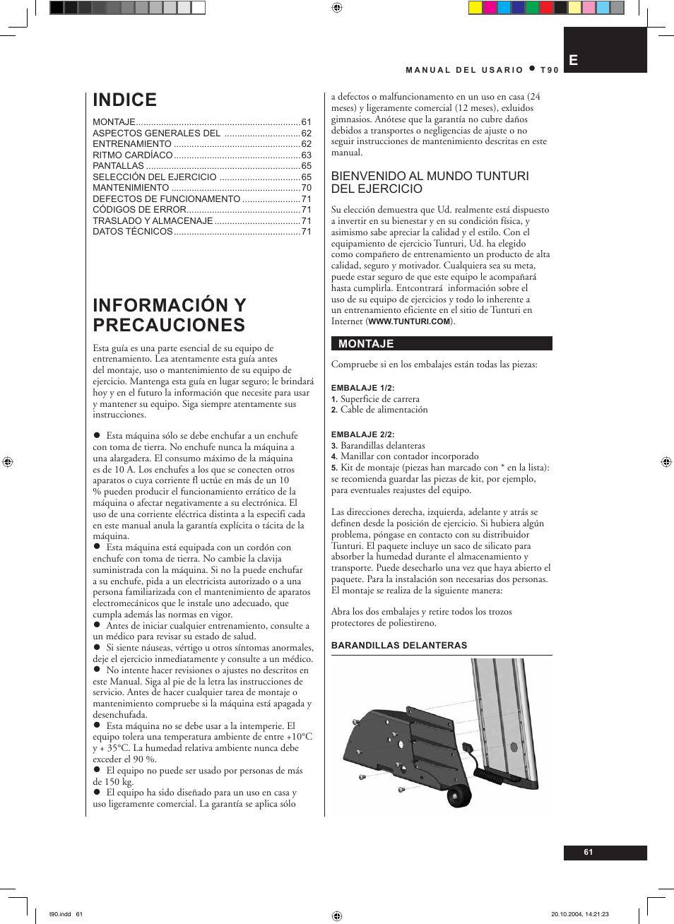 Información y precauciones, Indice | Tunturi T90 User Manual | Page 61 / 98