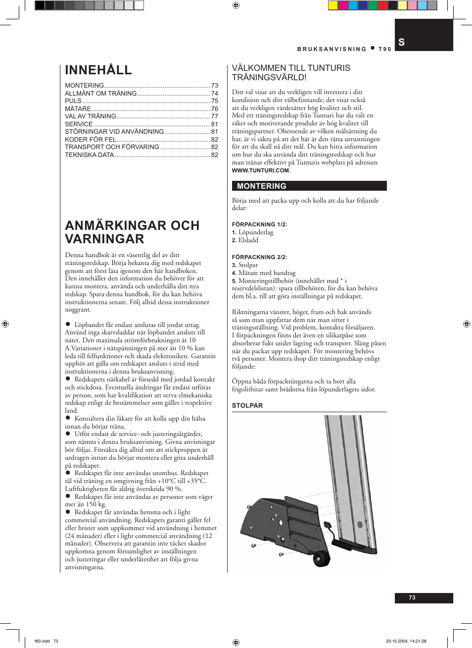 Anmärkingar och varningar, Innehåll | Tunturi T90 User Manual | Page 73 / 98