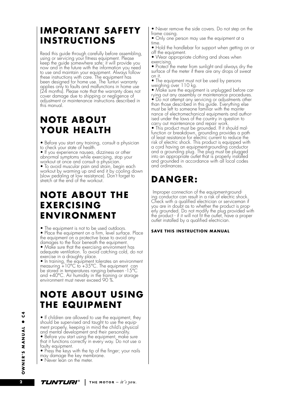 Important safety instructions, Danger | Tunturi C4 User Manual | Page 2 / 12