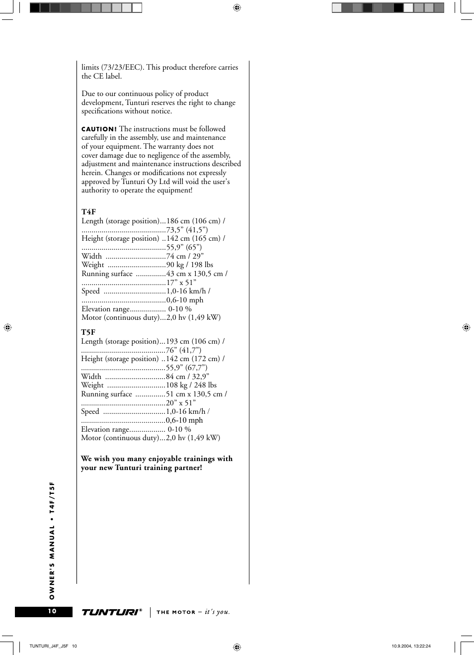 Tunturi T5F User Manual | Page 10 / 10