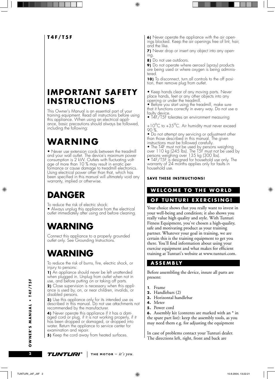 Warning, Danger, Important safety instructions | Tunturi T5F User Manual | Page 2 / 10