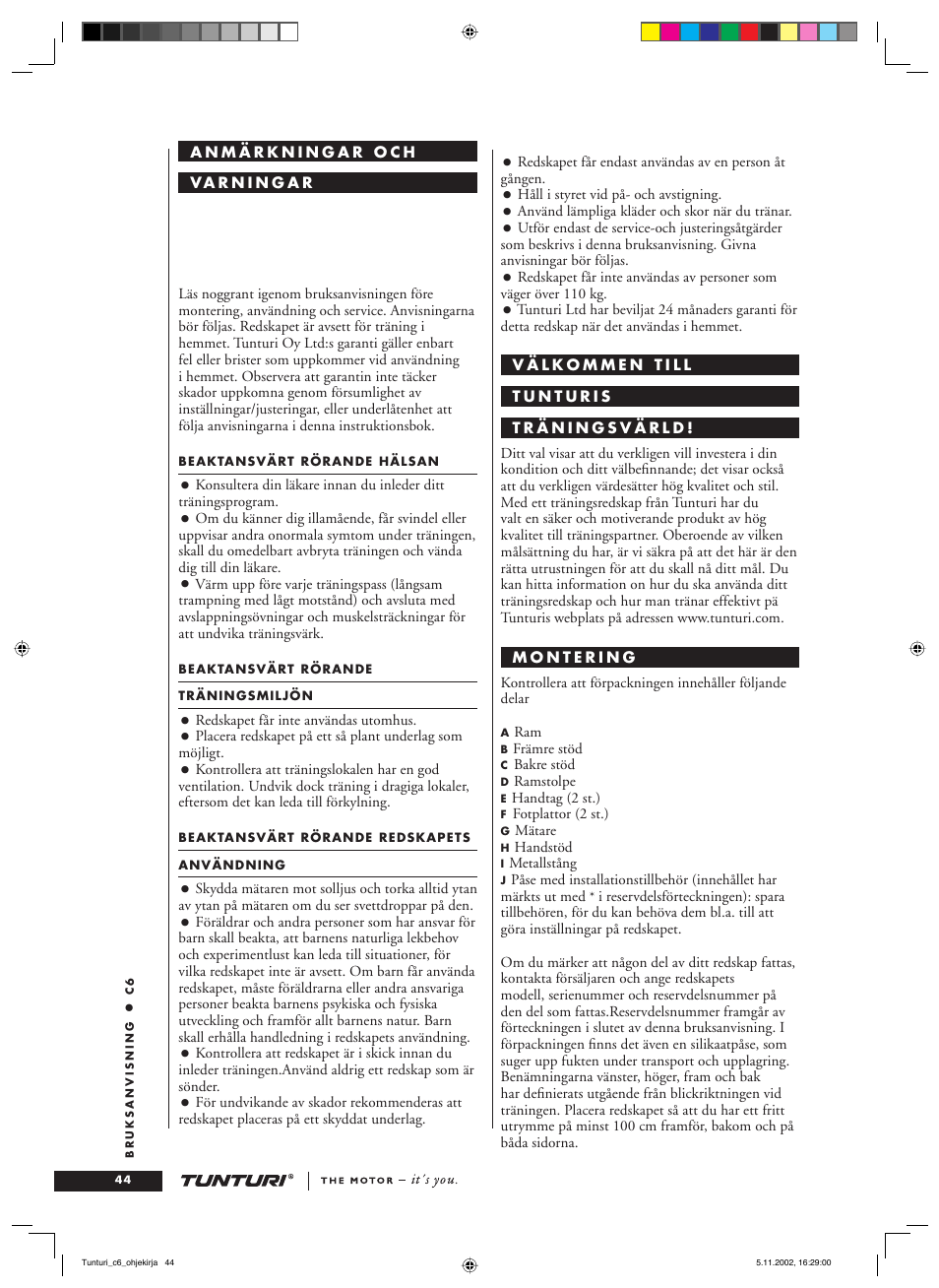 Tunturi C6 User Manual | Page 44 / 60