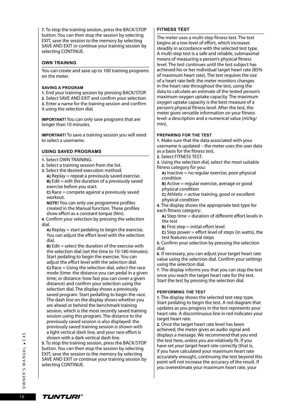 Tunturi C45 User Manual | Page 10 / 96