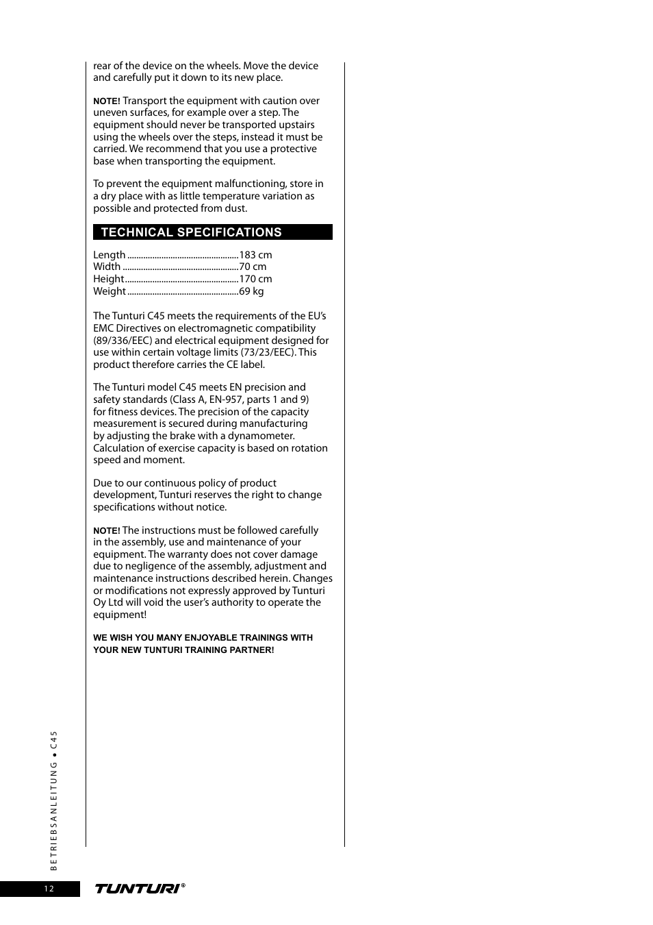 Tunturi C45 User Manual | Page 12 / 96