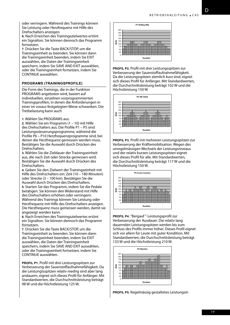 Wählen sie programs aus, Regelmässig gestaltetes leistungsin | Tunturi C45 User Manual | Page 19 / 96