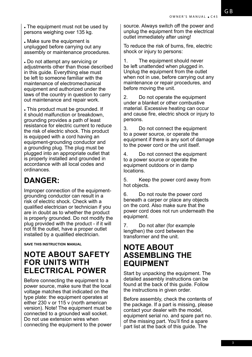 Danger | Tunturi C45 User Manual | Page 3 / 96