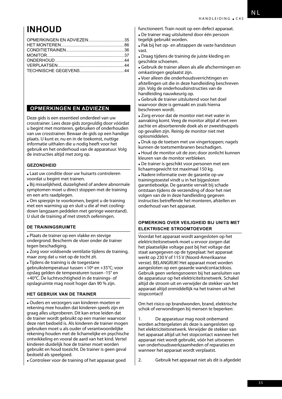 Inhoud | Tunturi C45 User Manual | Page 35 / 96