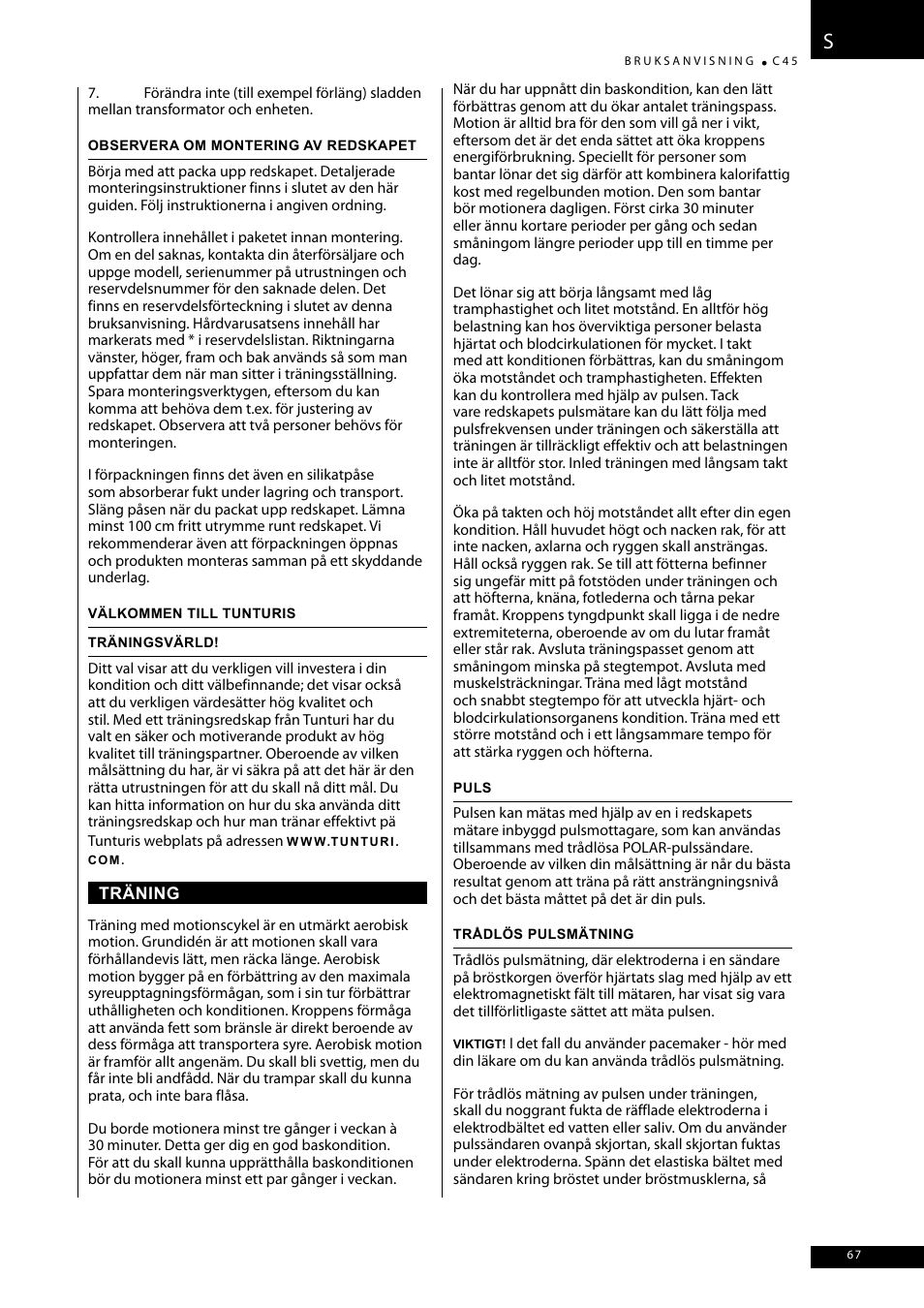 Tunturi C45 User Manual | Page 67 / 96