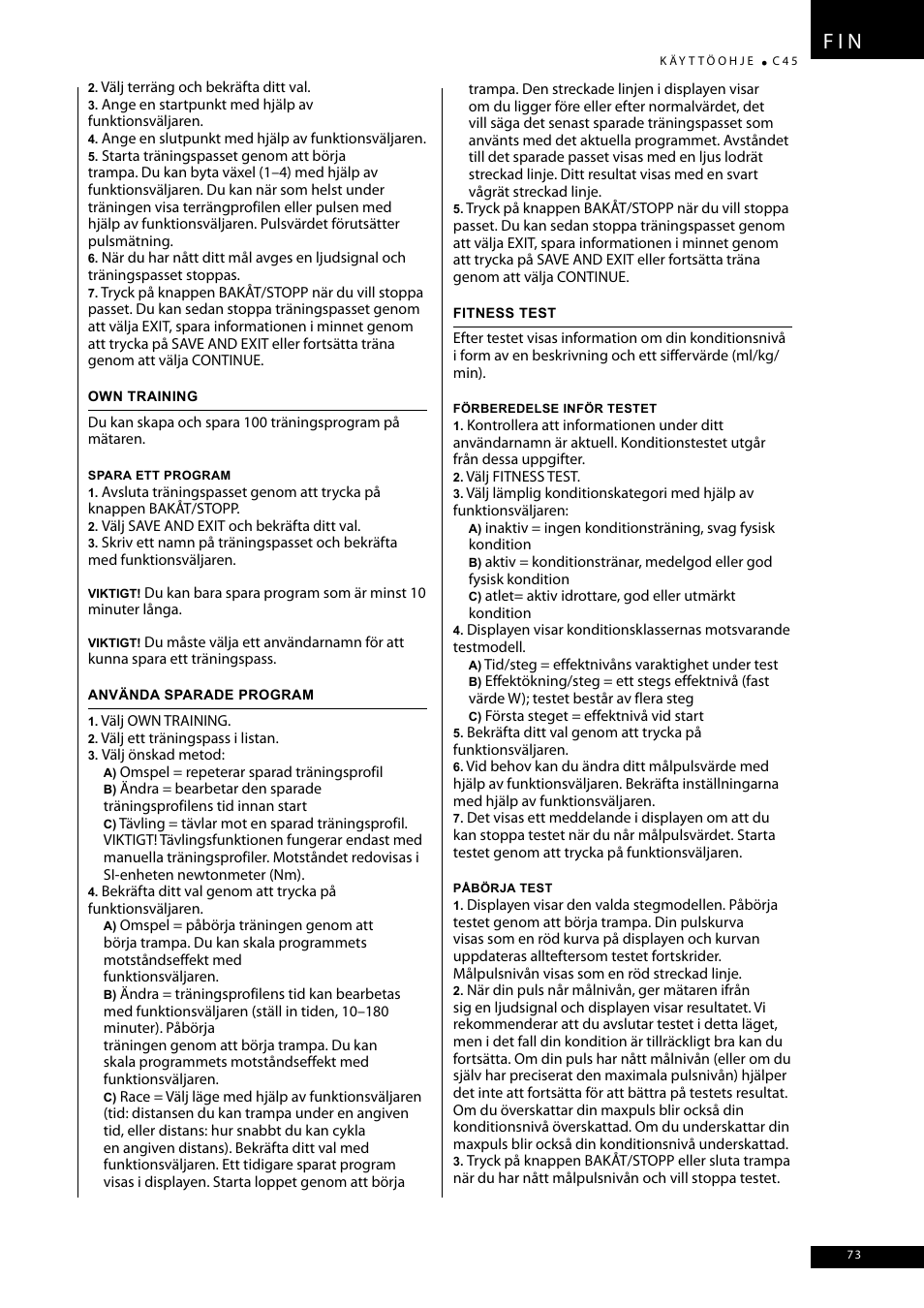 F i n | Tunturi C45 User Manual | Page 73 / 96