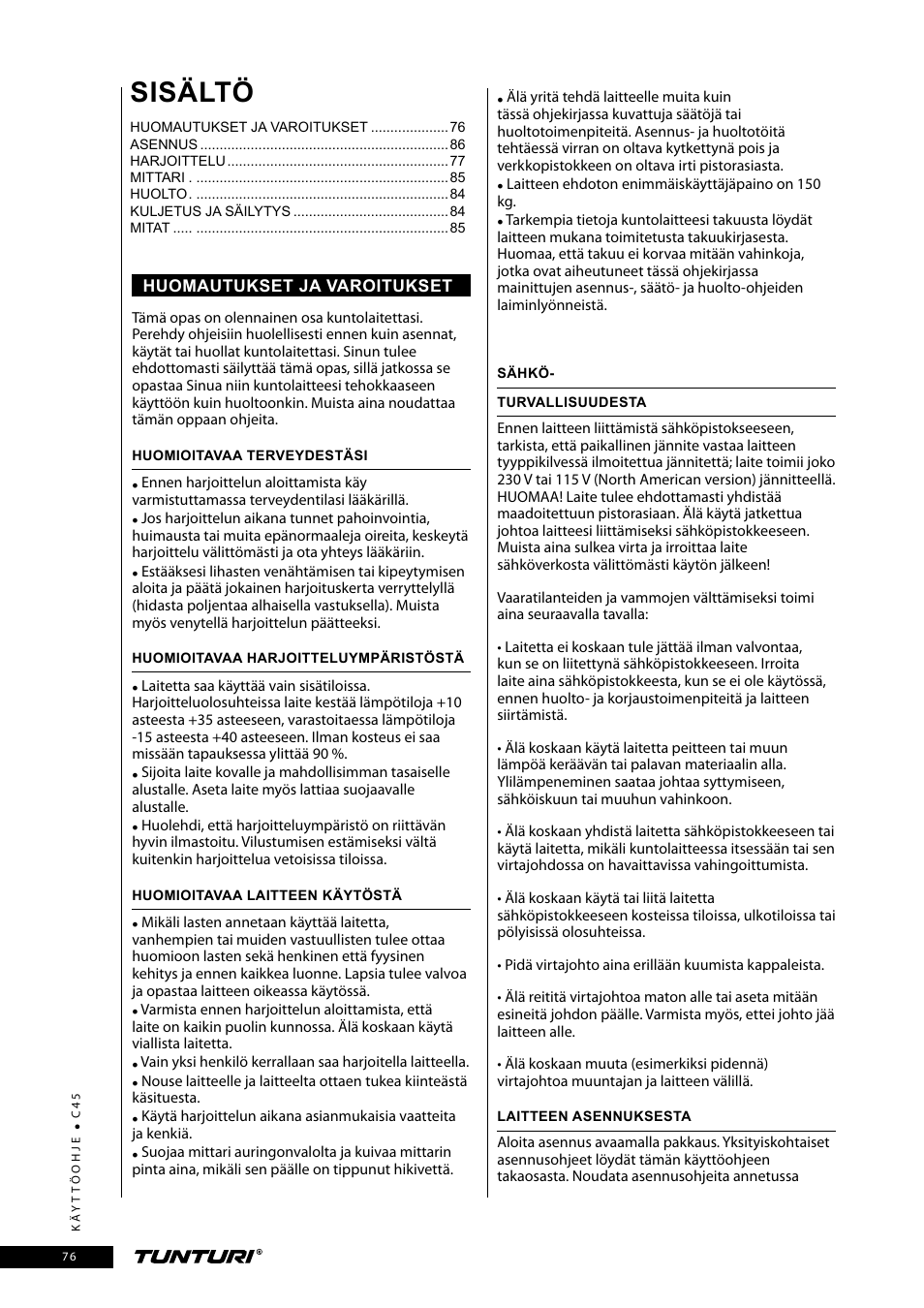 Sisältö | Tunturi C45 User Manual | Page 76 / 96