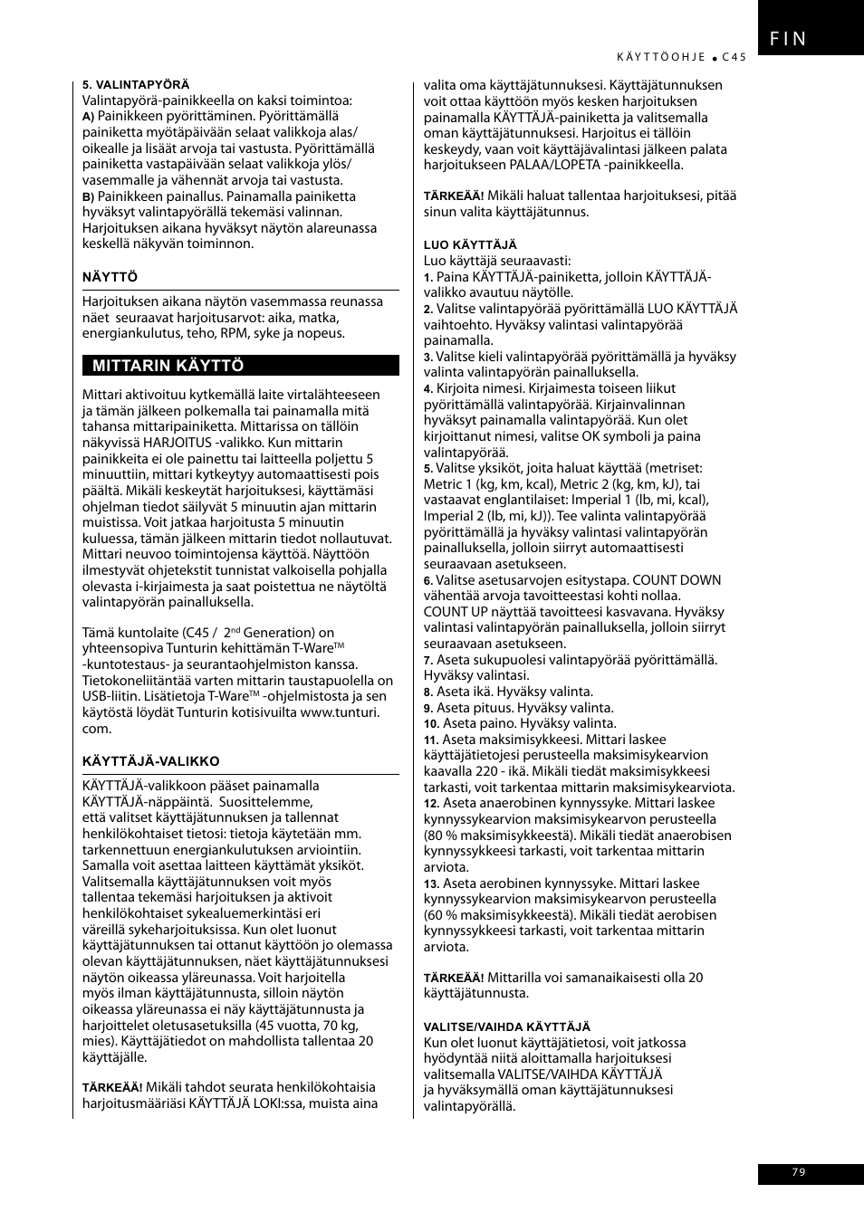 F i n | Tunturi C45 User Manual | Page 79 / 96