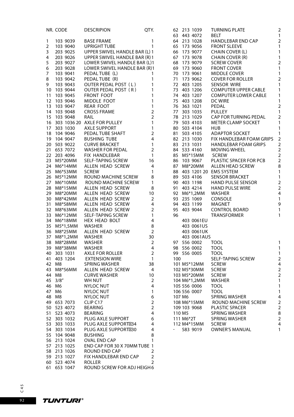 Tunturi C45 User Manual | Page 92 / 96