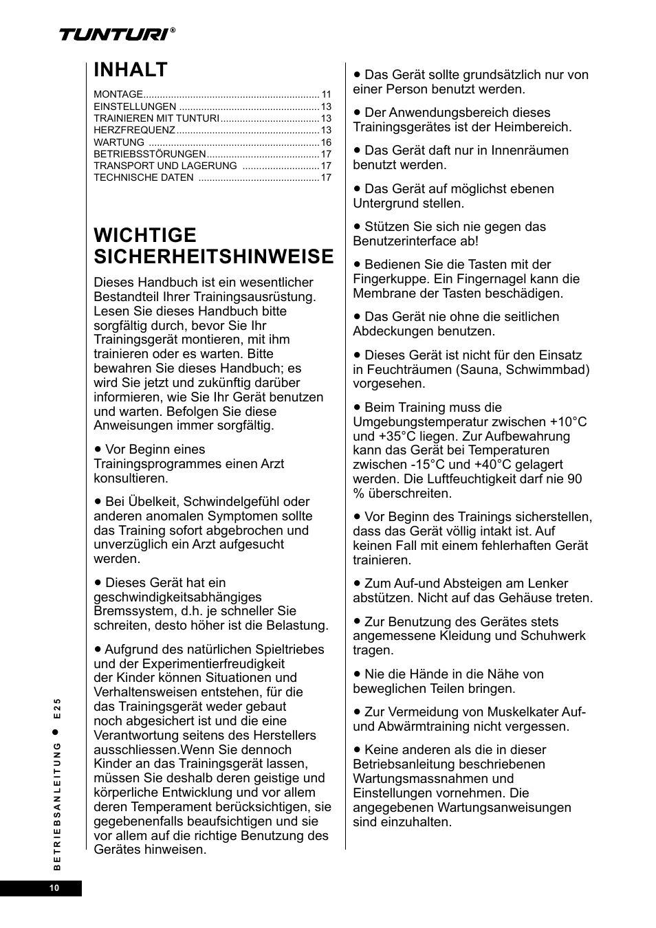 Wichtige sicherheitshinweise, Inhalt | Tunturi E25 User Manual | Page 10 / 68