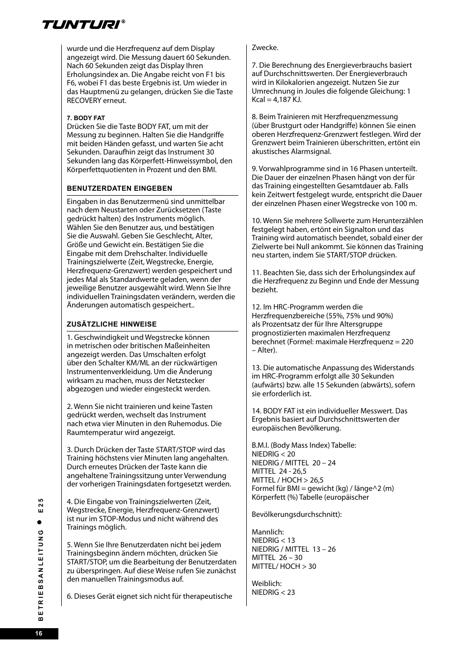 Tunturi E25 User Manual | Page 16 / 68
