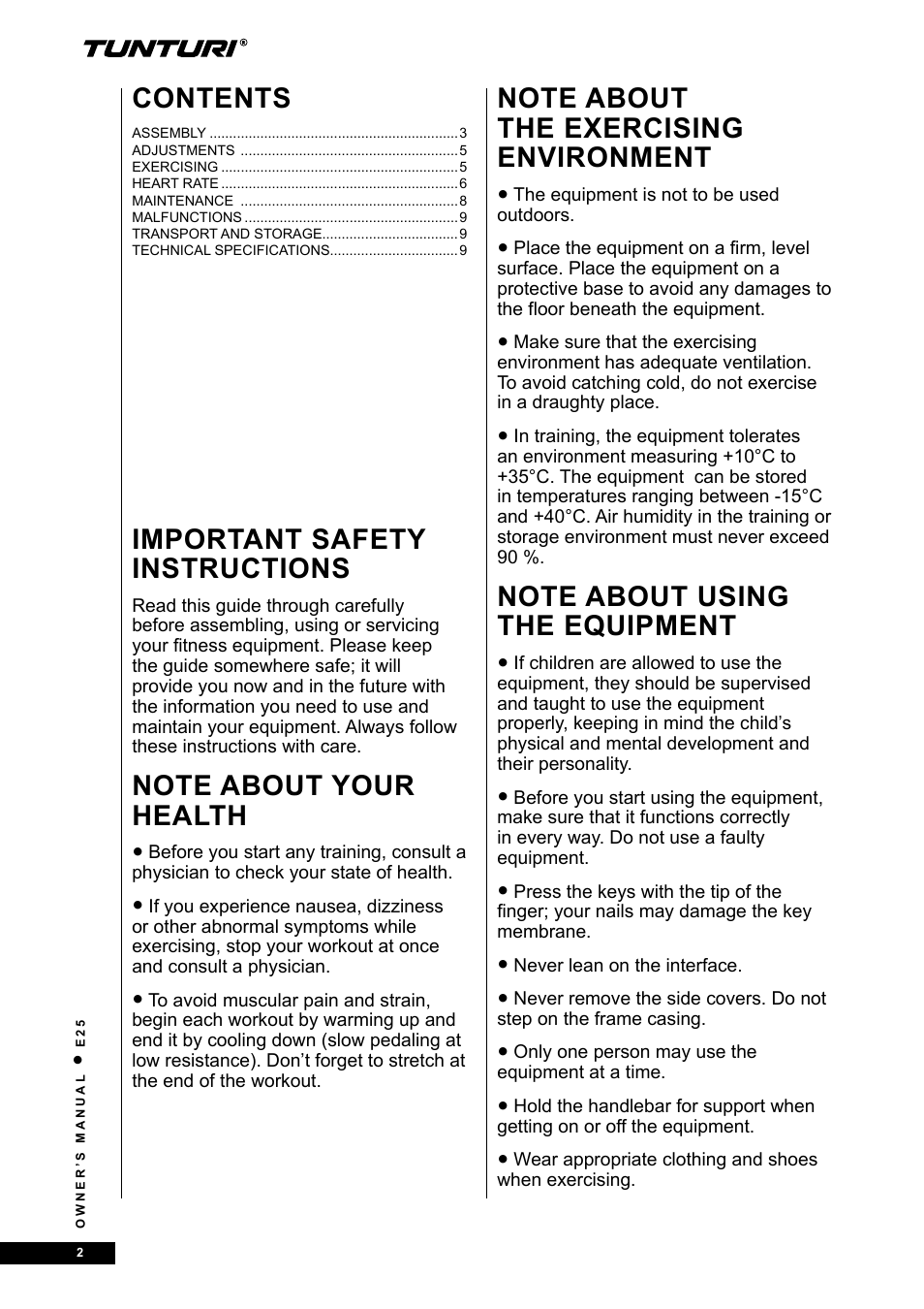 Tunturi E25 User Manual | Page 2 / 68