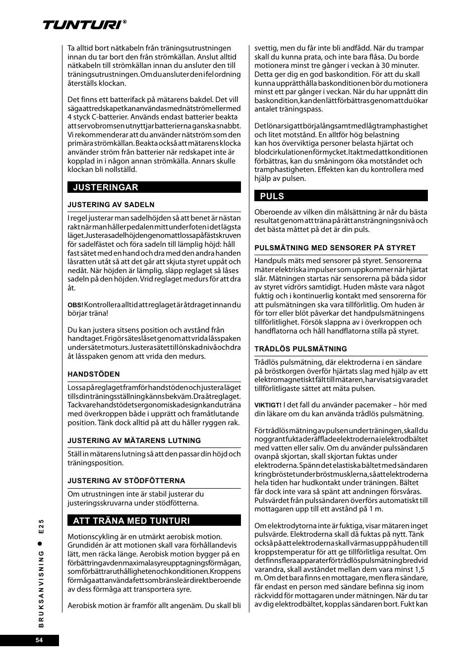 Tunturi E25 User Manual | Page 54 / 68