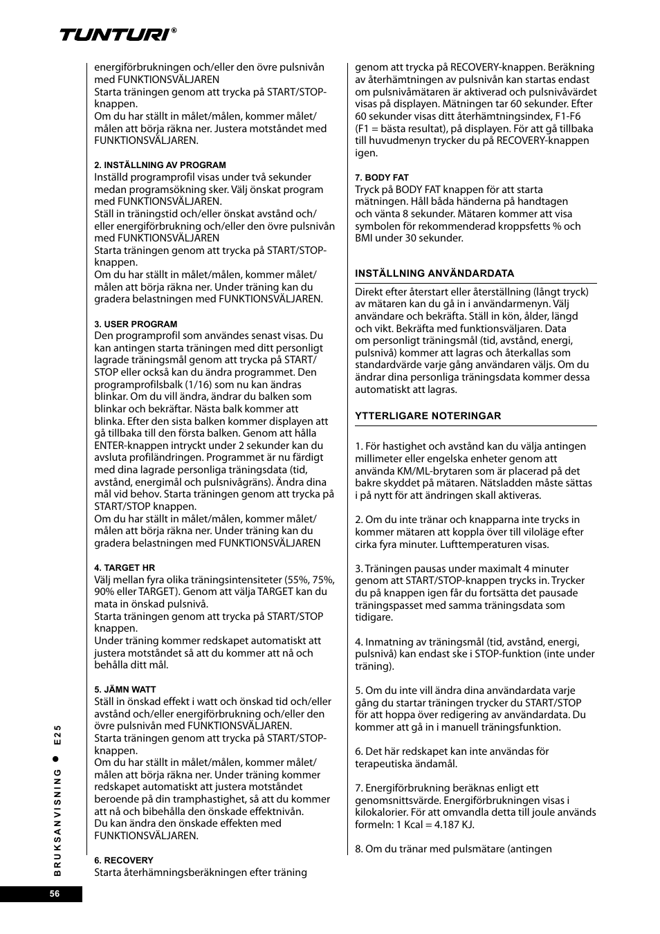 Tunturi E25 User Manual | Page 56 / 68