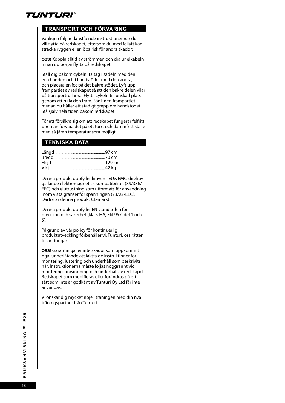 Tunturi E25 User Manual | Page 58 / 68