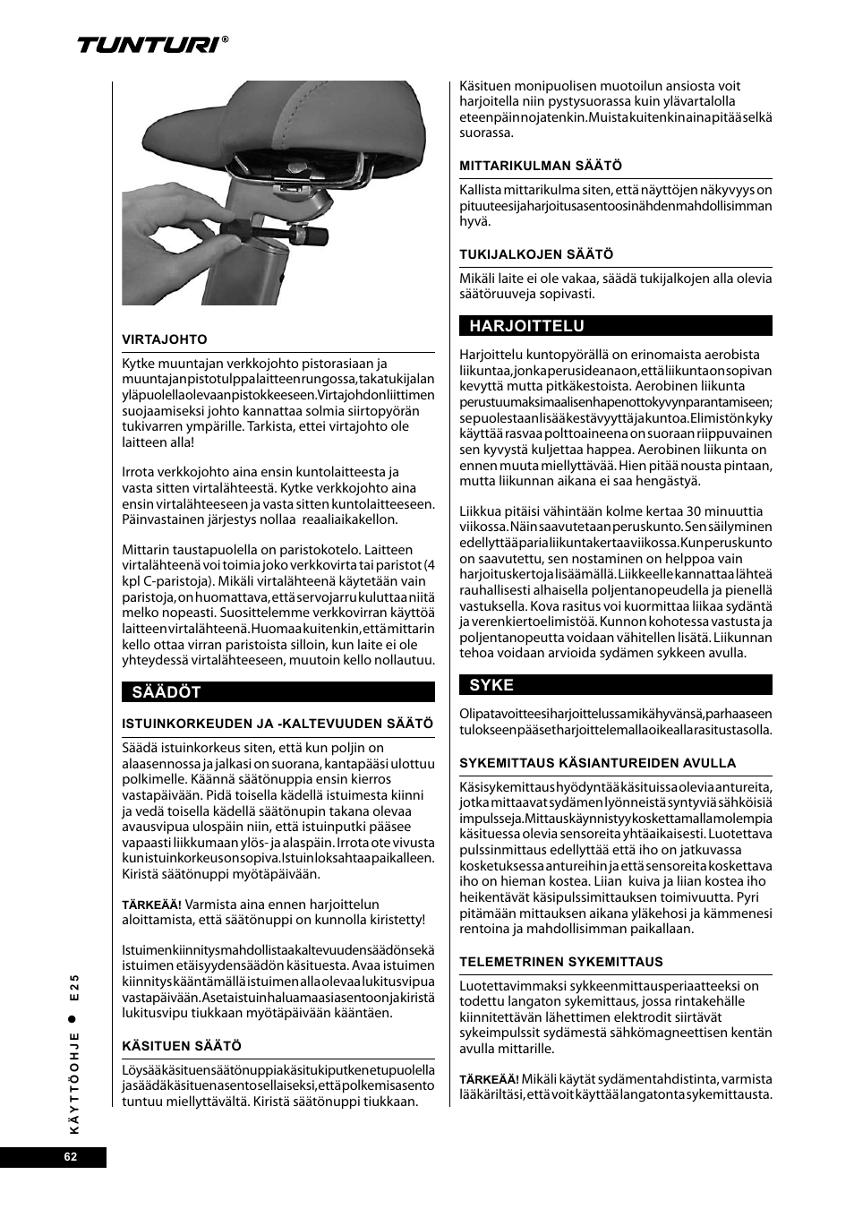 Tunturi E25 User Manual | Page 62 / 68