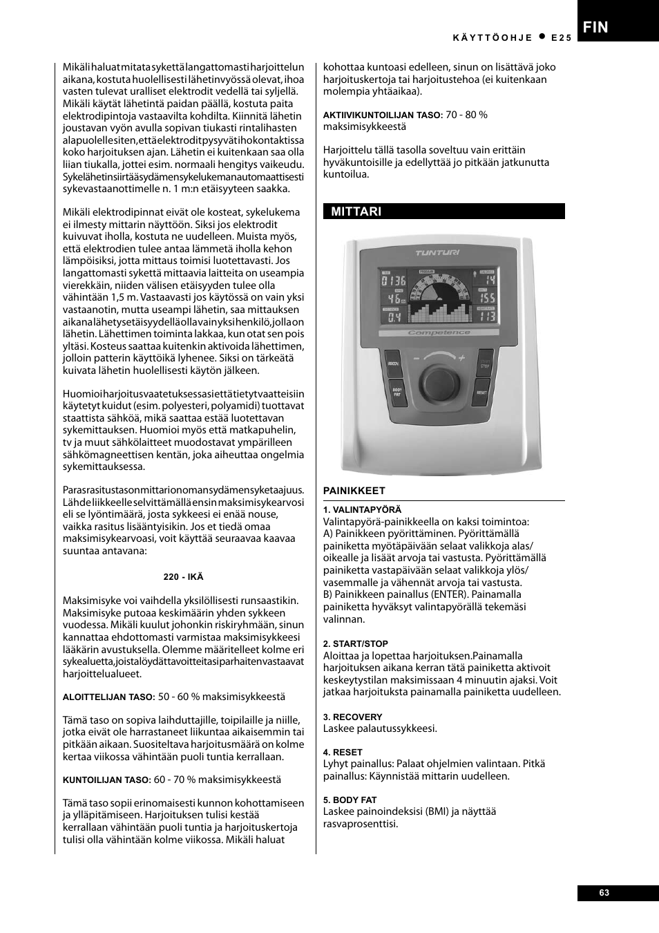 Tunturi E25 User Manual | Page 63 / 68