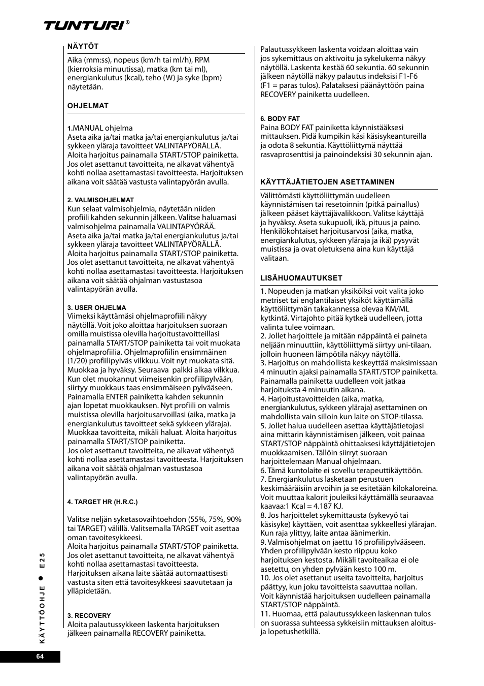 Tunturi E25 User Manual | Page 64 / 68