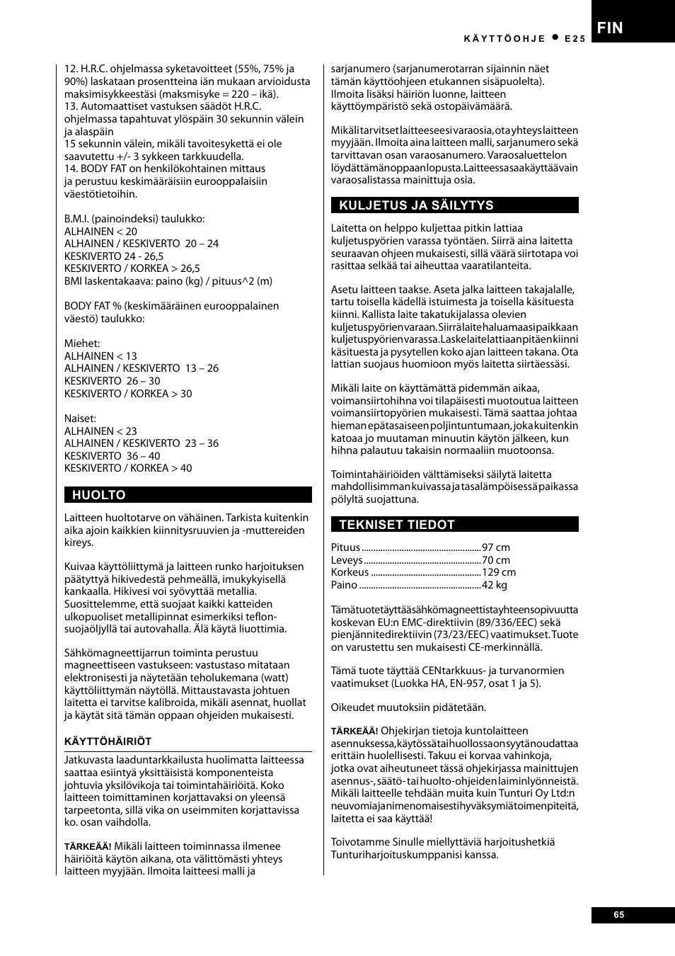 Tunturi E25 User Manual | Page 65 / 68