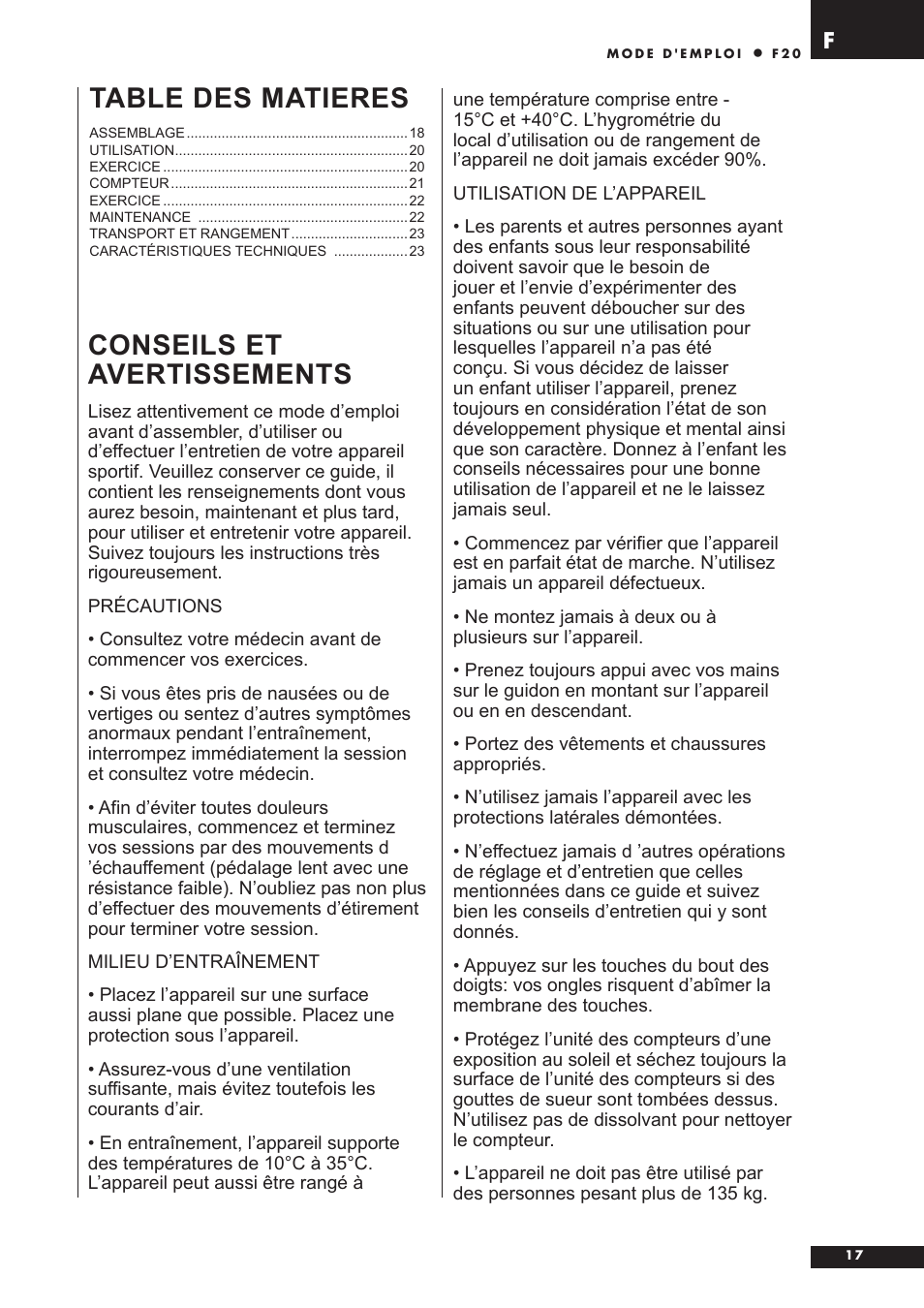 Conseils et avertissements, Table des matieres | Tunturi F20 User Manual | Page 17 / 61