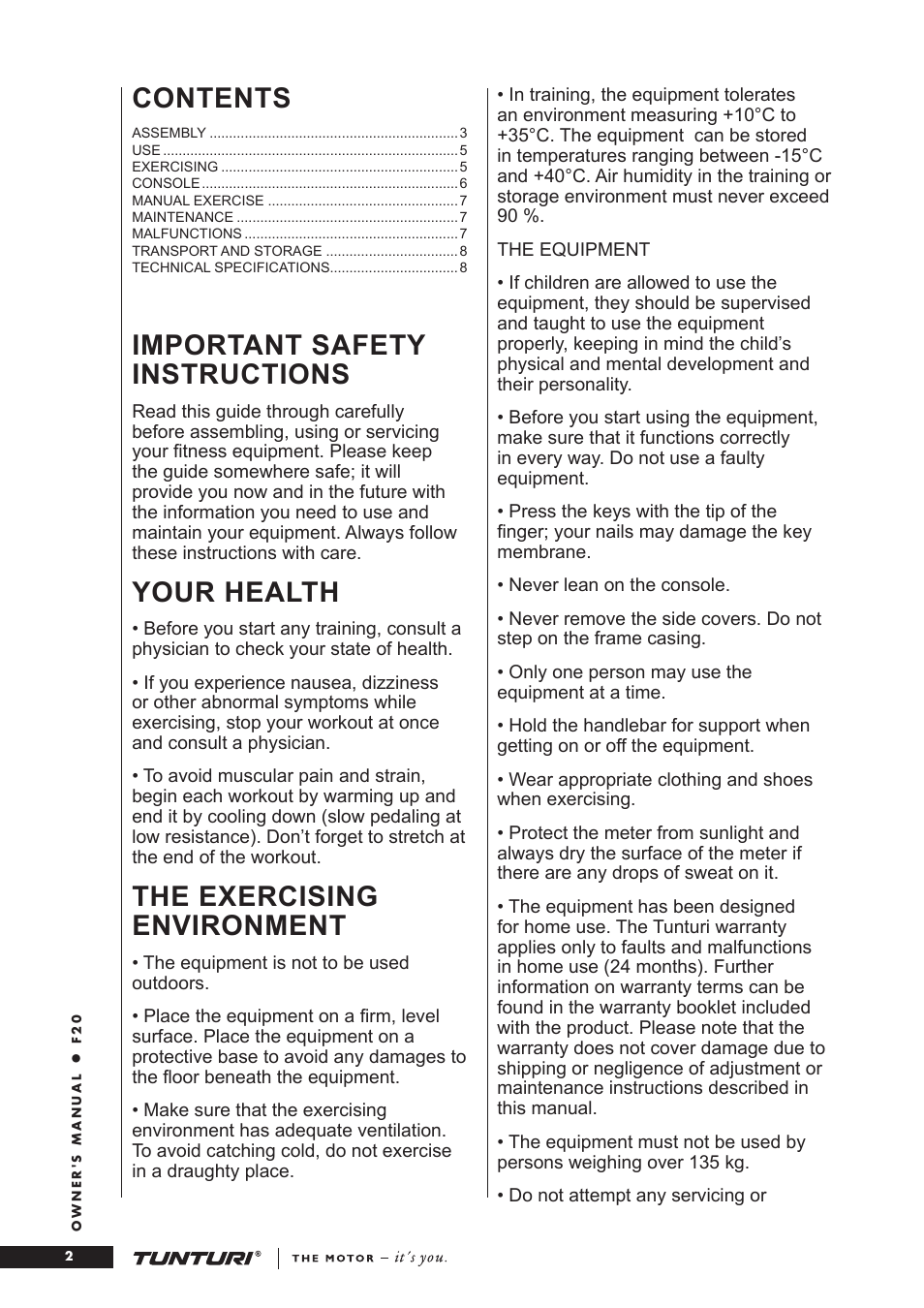 Tunturi F20 User Manual | Page 2 / 61