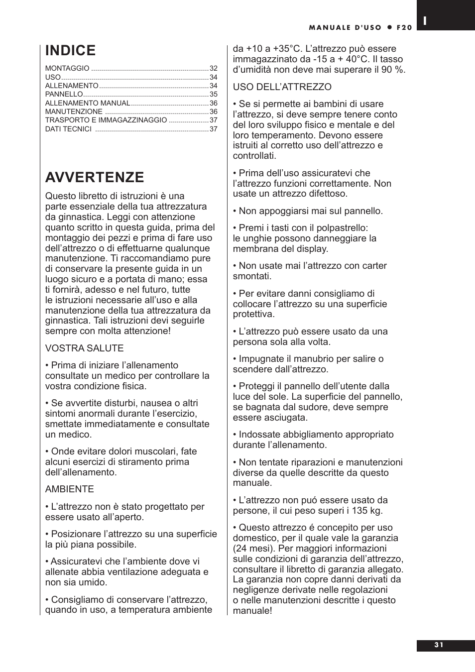 Avvertenze, Indice | Tunturi F20 User Manual | Page 31 / 61