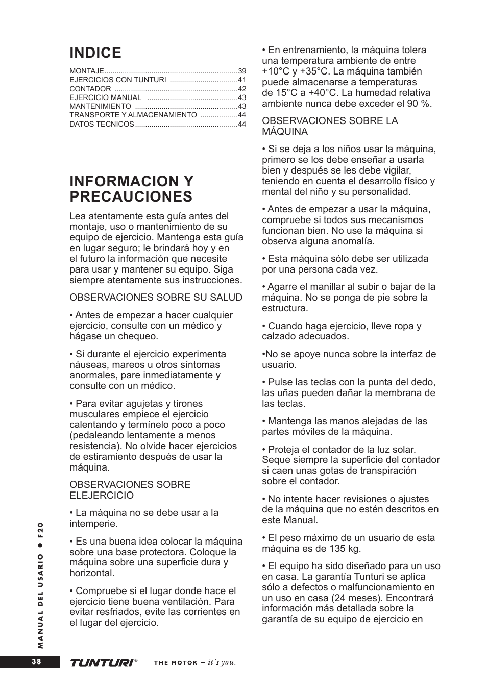 Informacion y precauciones, Indice | Tunturi F20 User Manual | Page 38 / 61