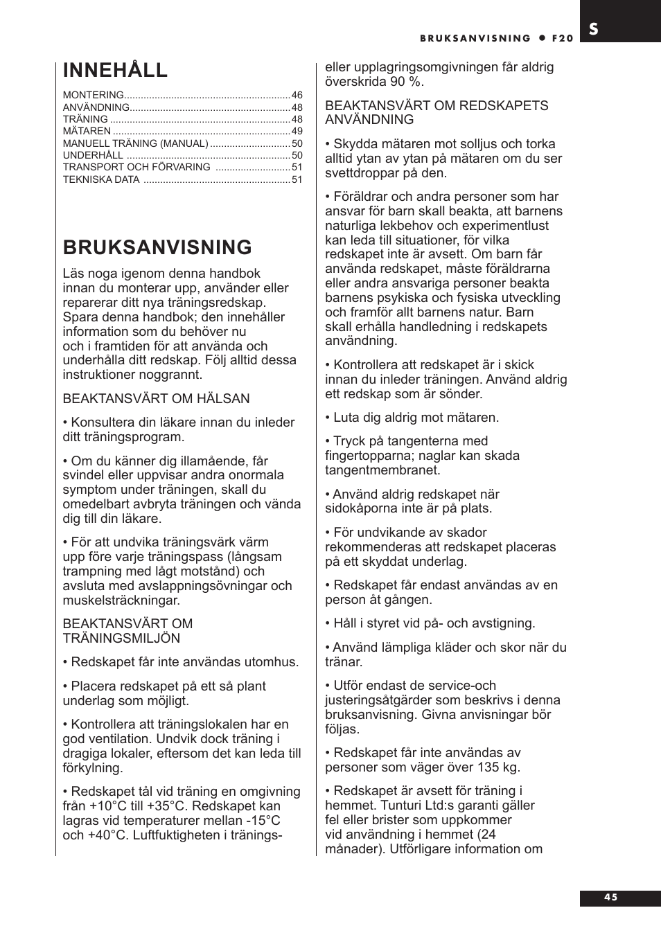 Bruksanvisning, Innehåll | Tunturi F20 User Manual | Page 45 / 61