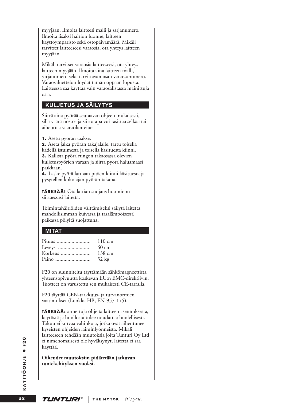 Tunturi F20 User Manual | Page 58 / 61