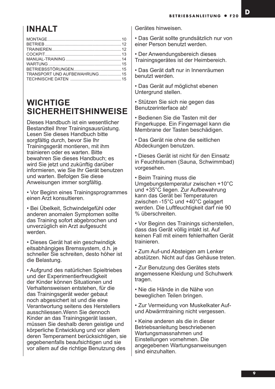 Inhalt, Wichtige sicherheitshinweise | Tunturi F20 User Manual | Page 9 / 61