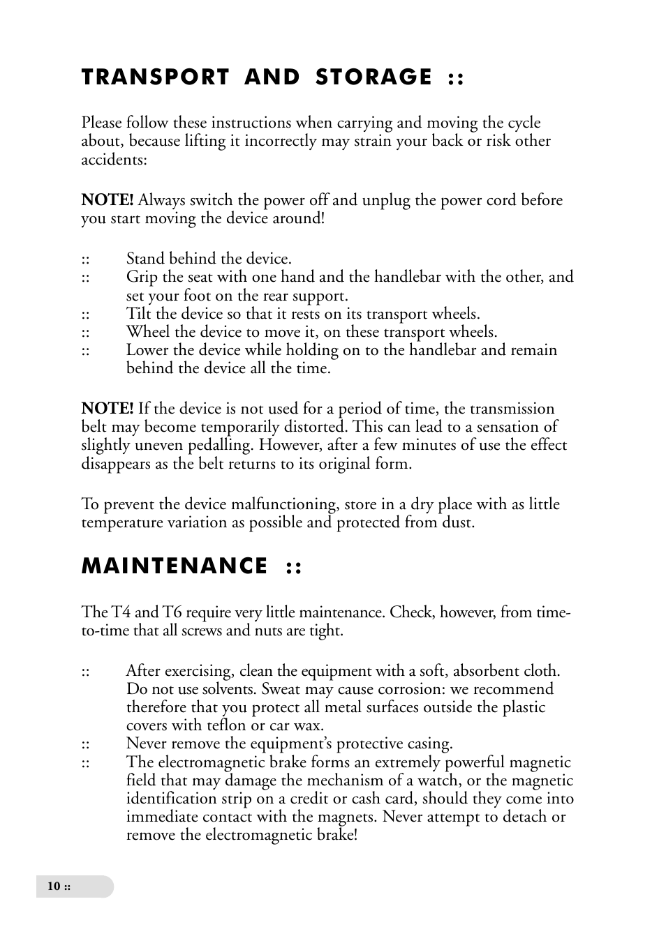 Transport and storage, Maintenance | Tunturi Ergometer T6 User Manual | Page 10 / 16