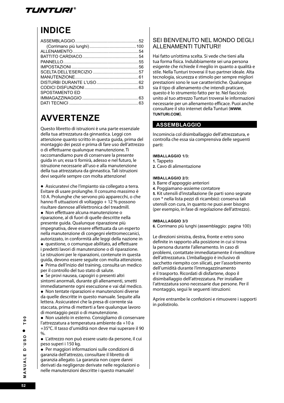 Avvertenze, Indice | Tunturi T90 Rehab User Manual | Page 52 / 104