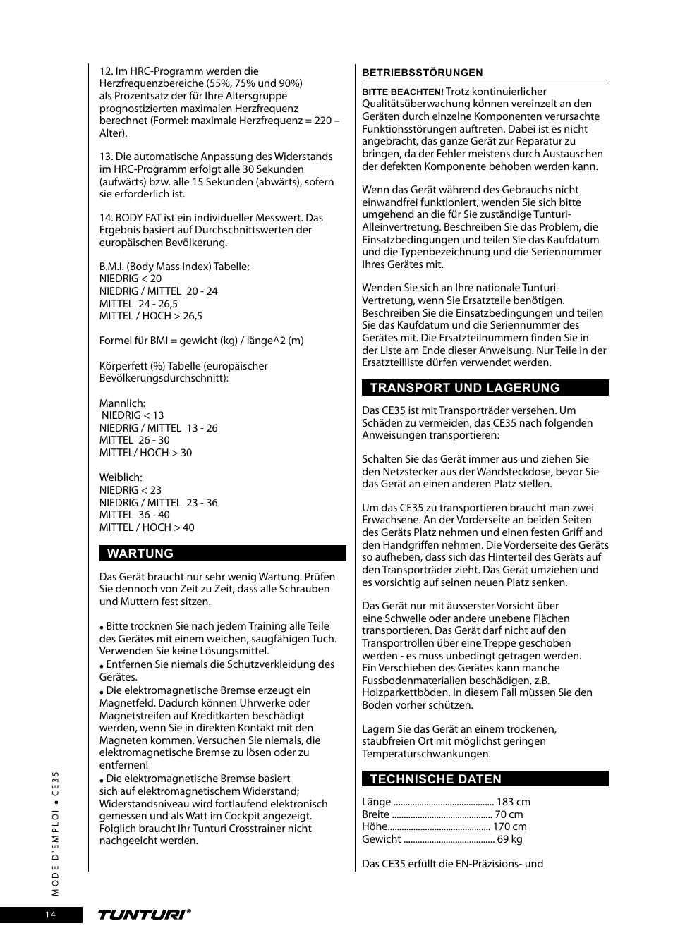 Tunturi CE35 User Manual | Page 14 / 66