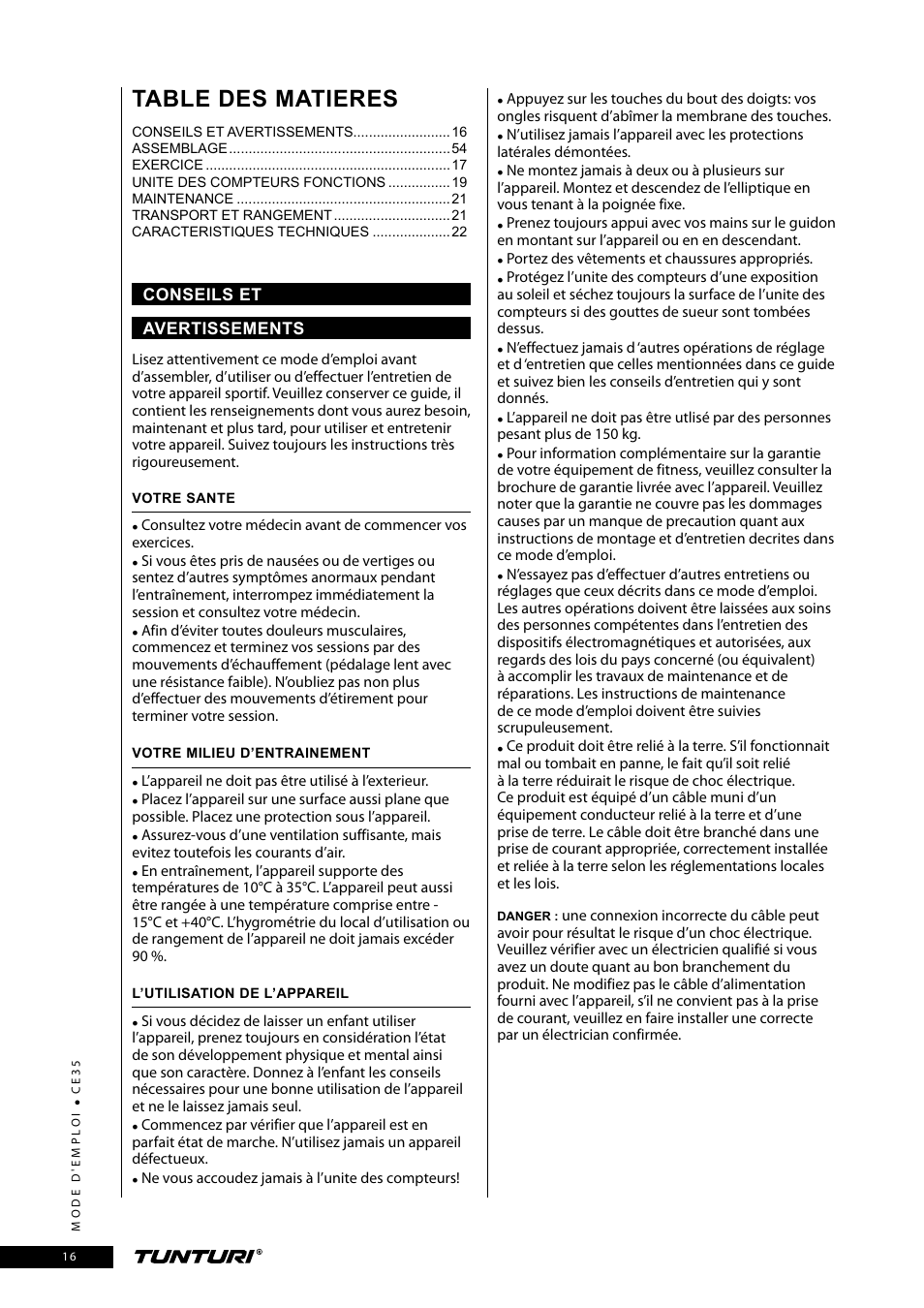 Table des matieres | Tunturi CE35 User Manual | Page 16 / 66