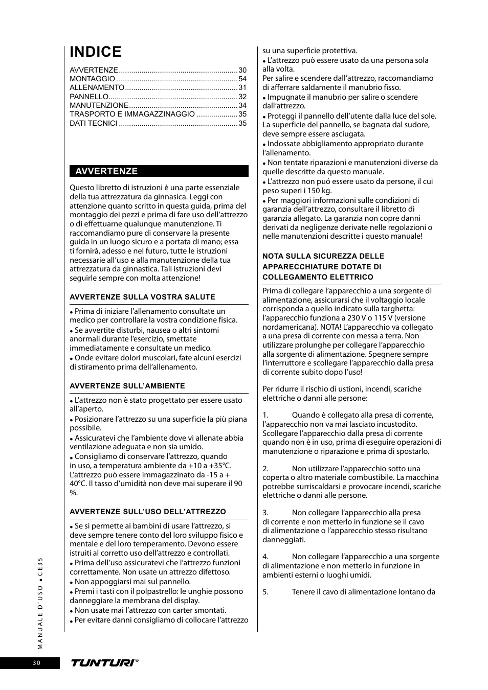 Indice | Tunturi CE35 User Manual | Page 30 / 66